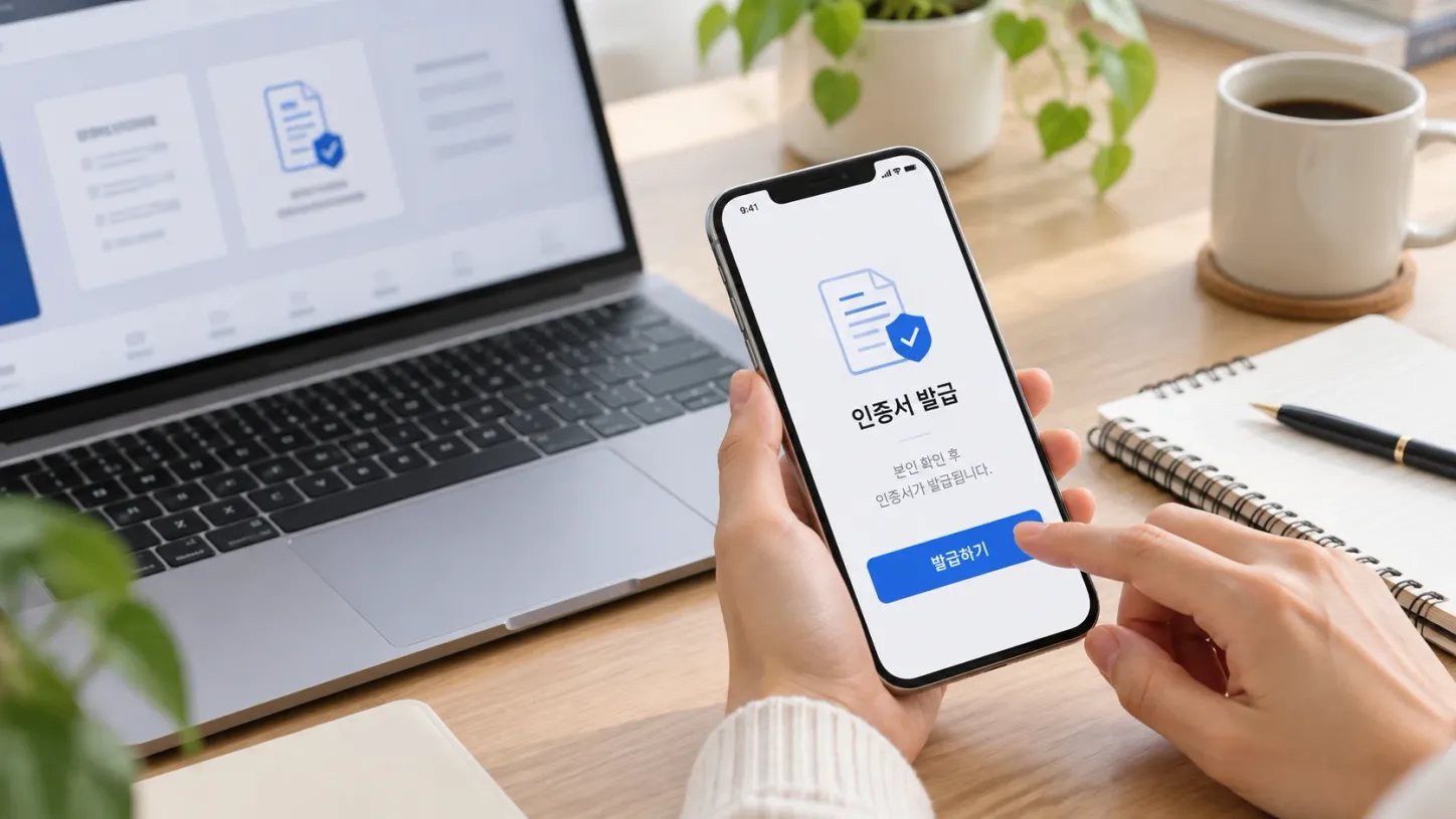 노트북과 휴대폰으로 인증서를 발급받는 손